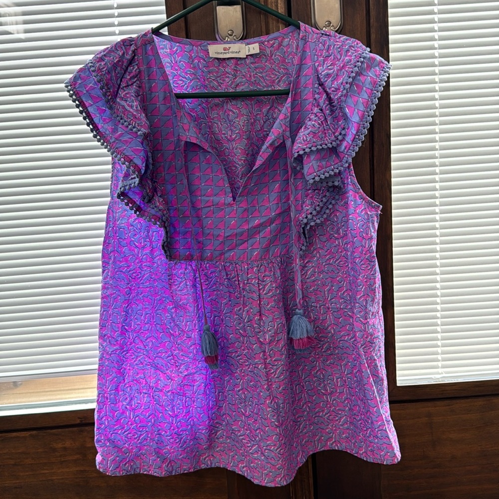 Vineyard Vines Pink and Purple Sleeveless Ruffle Blouse